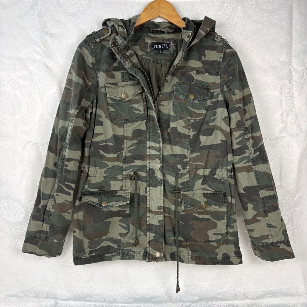 Y2K Rue 21 Military Jacket Camo Hooded Pockets Coat Cargo Grunge Indie Sleaze M